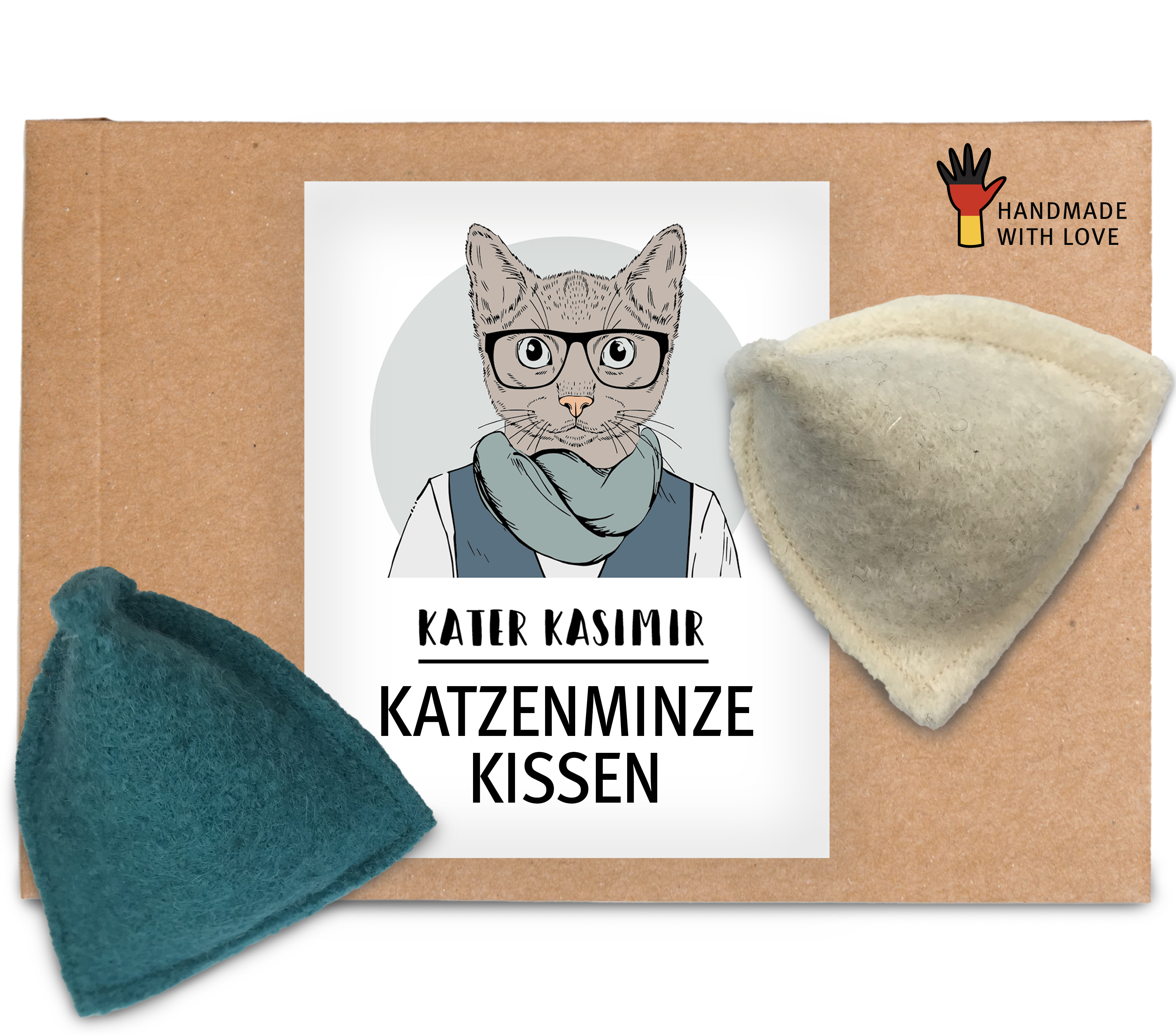 Kater Kasimir Baldrian & Catnipspielzeug Kater Kasimir Premium Katzenminze Spielkissen, 2er Set. Reiner Wollfilz vom Schaf, gefüllt mit Premium Katzenminze