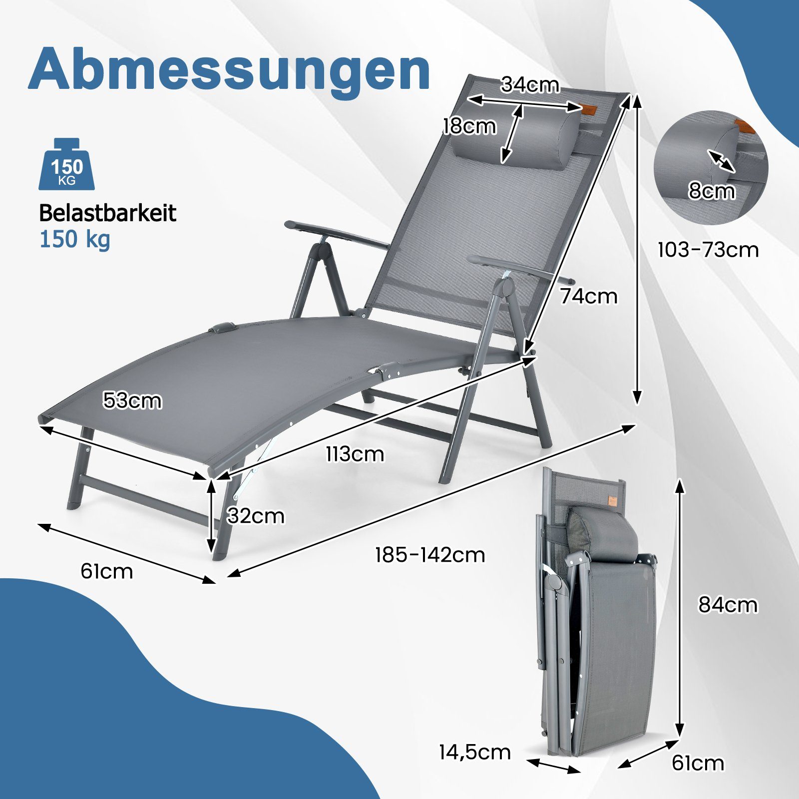 COSTWAY Gartenliege Sonnenliege, 7-fach verstellbar, mit Kopfstütze