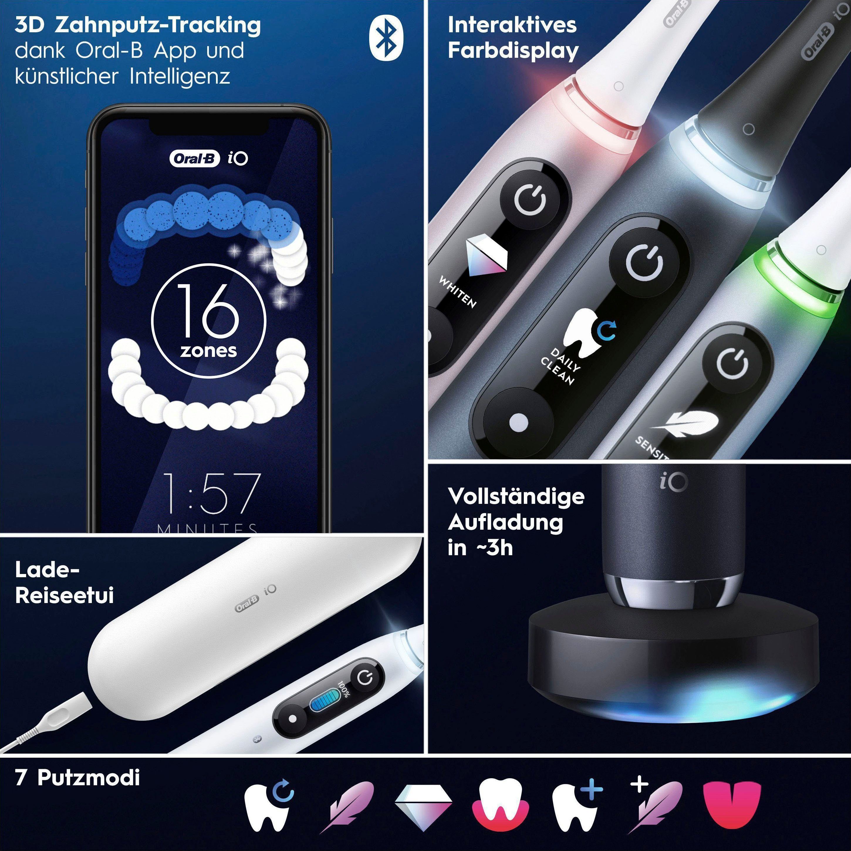 Oral-B Elektrische Zahnbürste iO 9, Aufsteckbürsten: 2 St., mit Magnet-Technologie, 7 Putzmodi, Farbdisplay & Lade-Reiseetui
