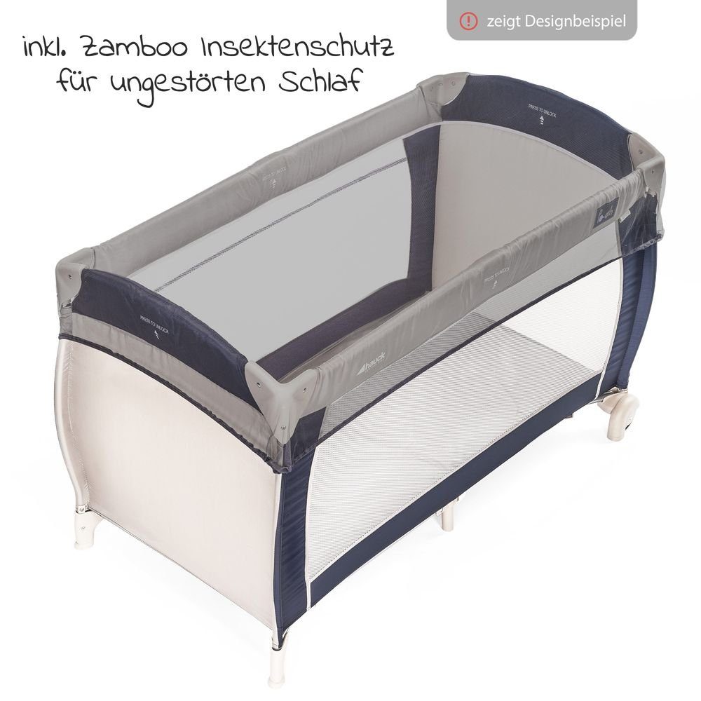 Hauck Baby-Reisebett Dream'n Play Plus - Navy, Baby Kinder Reisebett mit Matratze, 2 Spannbettlaken & Insektenschutz