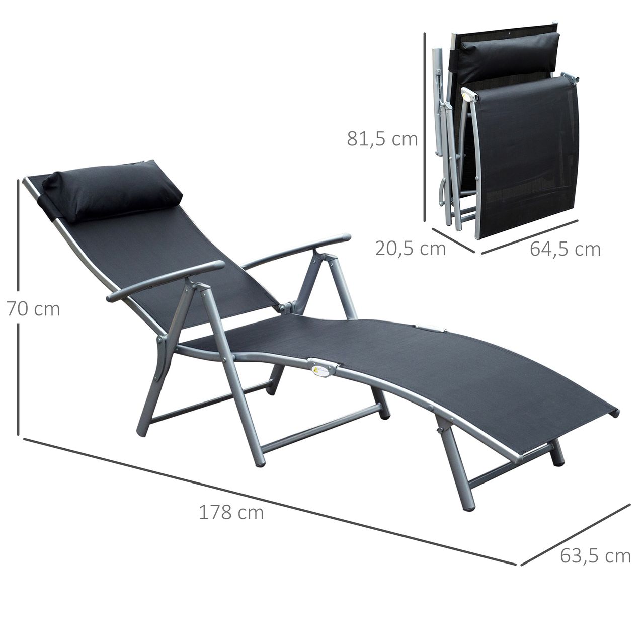 Outsunny Sonnenliege Liegestuhl Gartenliege 7 Positionen verstellbar Schwarz