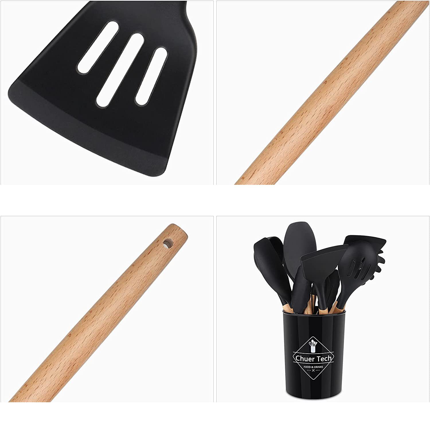 Bedee Kochbesteck-Set Küchenutensilien-Set, antihaftbeschichtet, Silikon, Küchenutensilien (11 Stück Kochutensilien Kochgeschirr Mit Aufhängeschlaufe, 11-tlg., Küchenutensilien), Spachtel-Set mit Halter, Holzgriff, hitzebeständiges Silikon