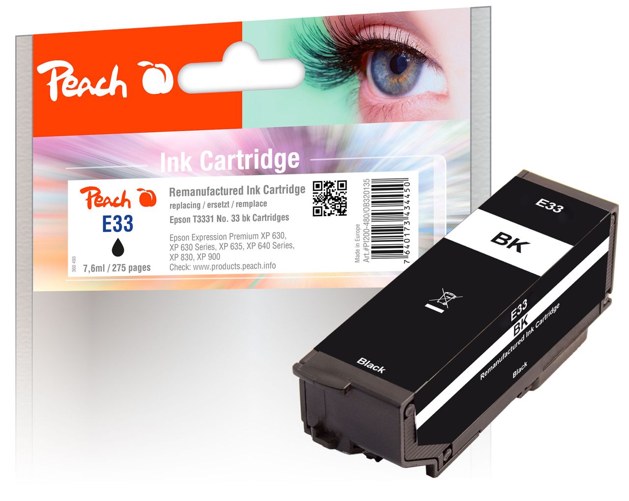 Peach Tintenpatrone schwarz ersetzt Epson T3331, No. 33 bk