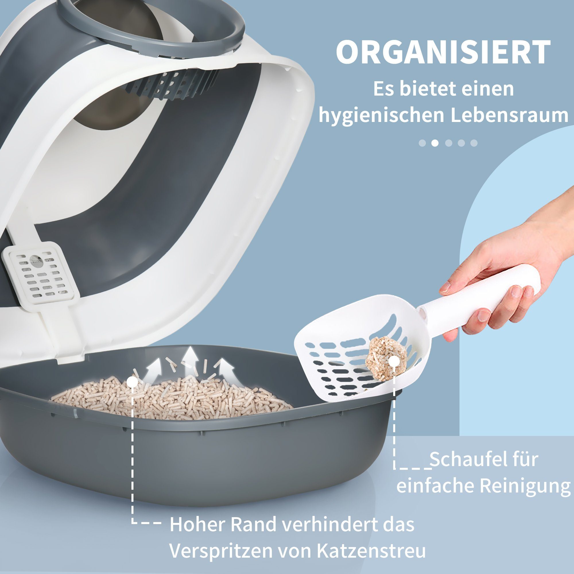 PawHut Katzentoilette mit Deckel, Katzenklo inkl. Deodorant, Streuschaufel, Weiß+Grau, 52L x 41B x 38H cm
