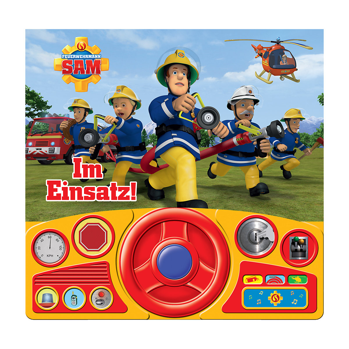 Feuerwehrmann Sam - Im Einsatz! - Soundbuch - Pappbilderbuch mit beweglichem Lenkrad und 13 spannenden Geräuschen für Kinder ab 3 Jahren