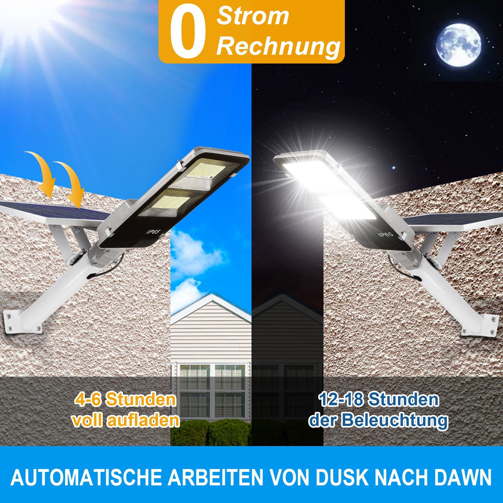 Rosnek LED Außen-Wandleuchte Solar, 6500K, wasserdicht, für Garagen Einfahrt Hof Parkplatz, Weiß (6500K), Fernbedienung, Montagearm