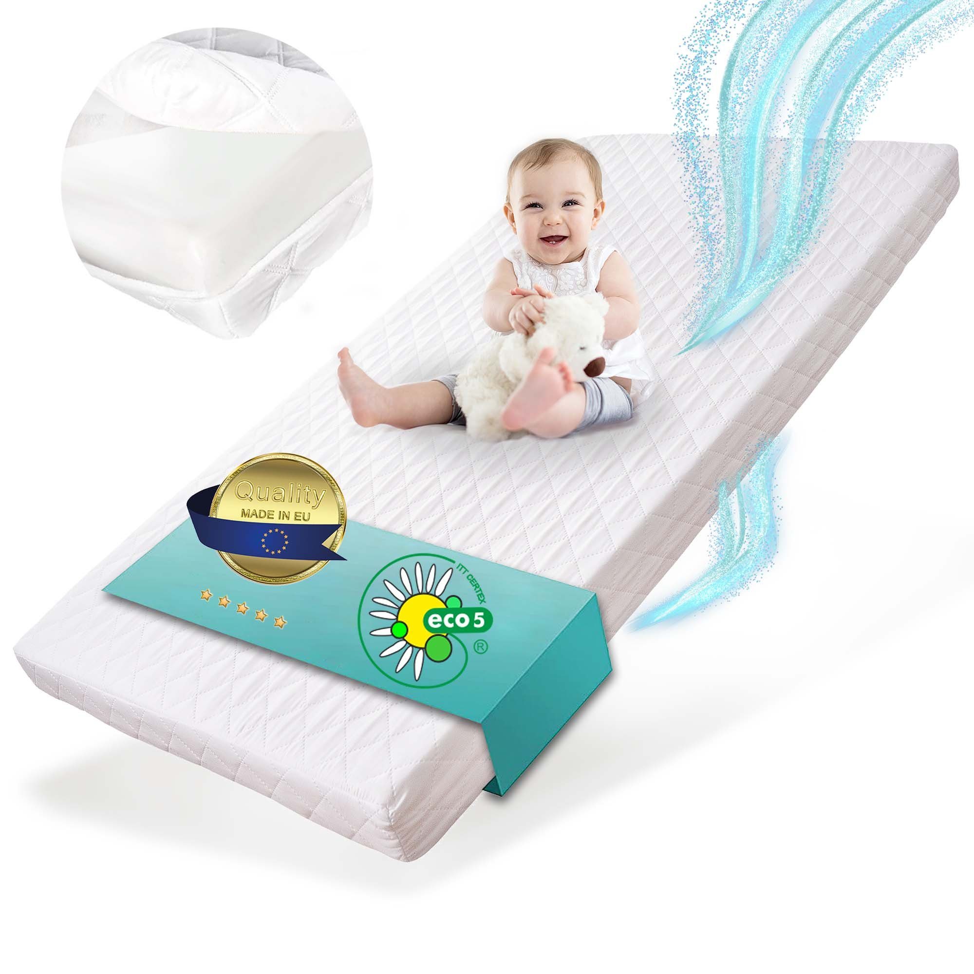 Kindermatratze PUR I Top ANGEBOTE I Begrenzte Zeit, Alcube, 8 cm hoch, Babymatratze 60x120 cm ohne Spannbettlaken, aus 100% Baumwolle und waschbarem Bezug, Härtegrad Weich - Mittelweich Eco 5 zertifizierter, Kindermatratze 60x120 Kaltschaummatratze f