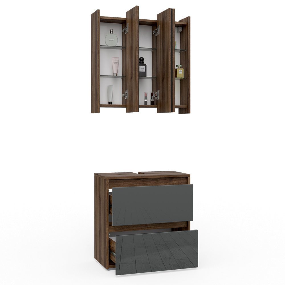 Vicco Badmöbel-Set Badezimmerset MAJEST Anthrazit / Nussbaum Set 2, (2-er Set, 2-St., 2-er Set)