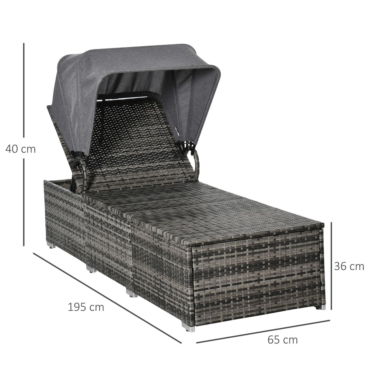 Outsunny Sonnenliege aus Polyrattan mit Sonnendach Gartenliege verstellbar Rattanliege Gartenmöbel Liege mit Kissen Grau 195 x 65 x 40 cm