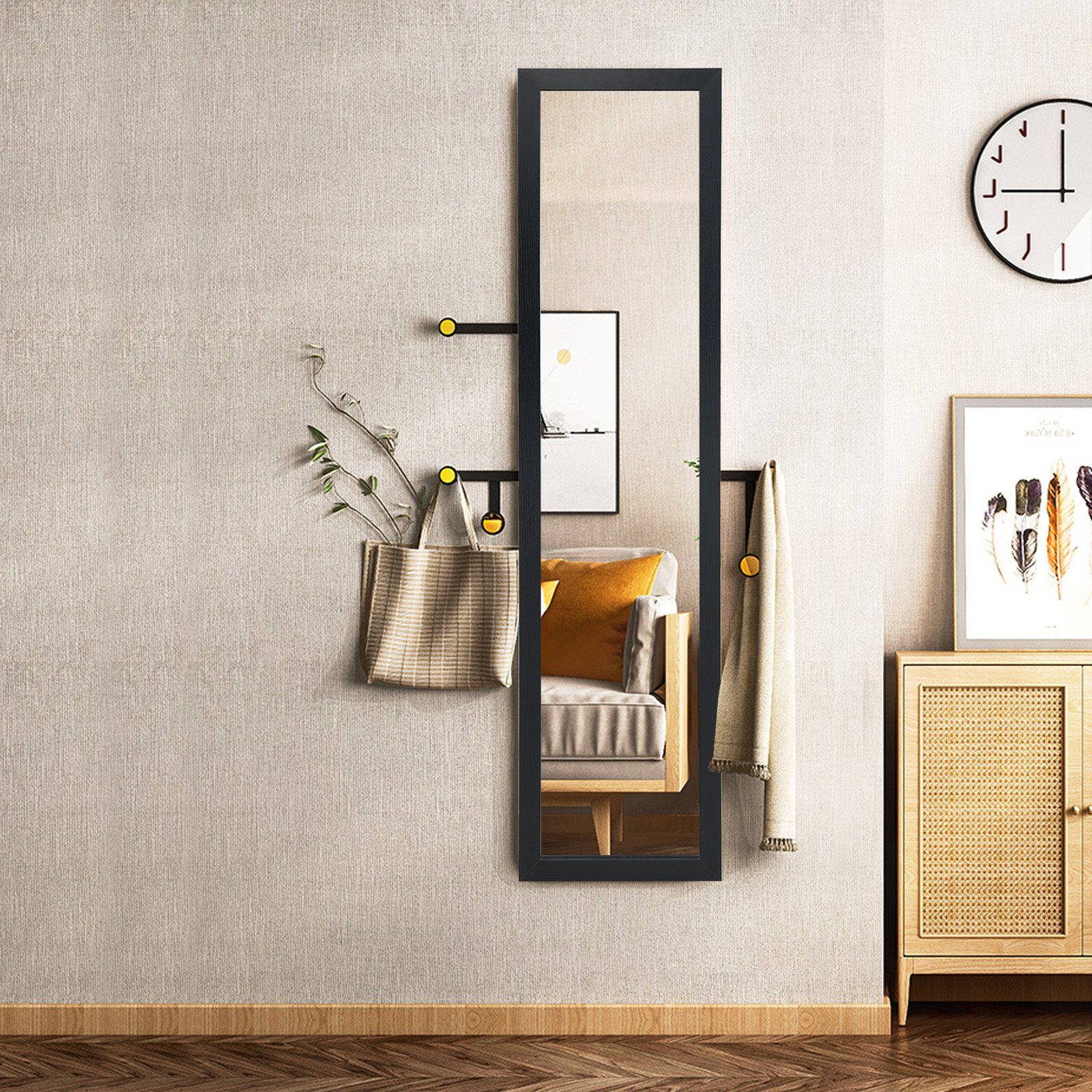 COSTWAY Ganzkörperspiegel, mit klappbarem Holzrahmen, stehend/hängend 37x155cm