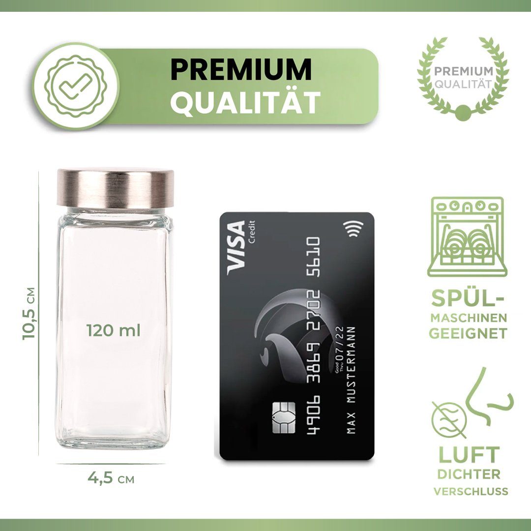 PORADA Gewürzbehälter Gewürzstreuer 120 ml Edelstahl Deckel x172 Etiketten Stift & Trichter, (Set, 24-tlg., 24x Gewürzstreuer 120ml, 120x Aufkleber vorgedruckt, 52x Aufkleber Blank), platzsparend, Edelstahl, luftdicht, aromenneutral