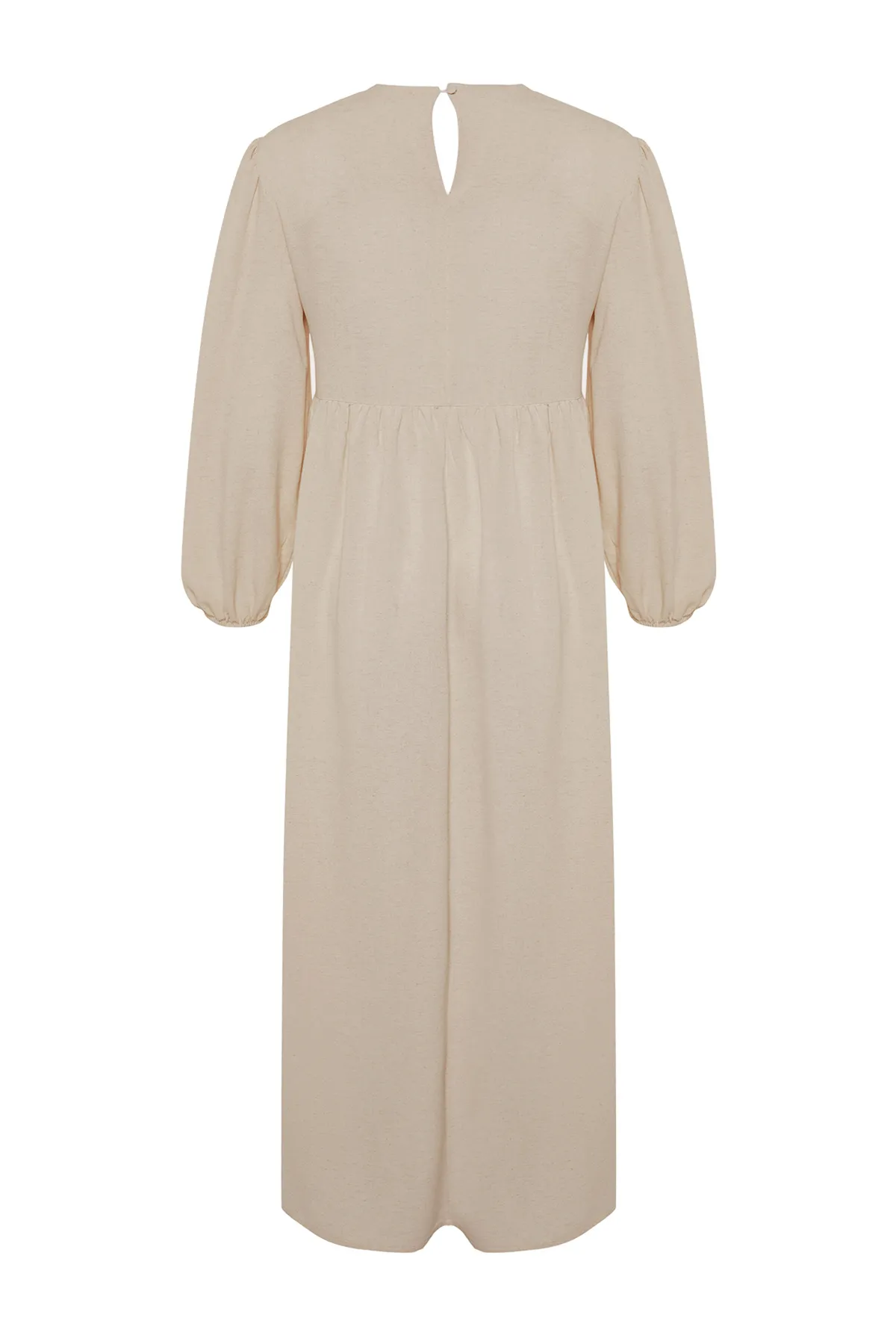 Trendyol Modest  Beiges, detailliertes, gewebtes Kleid in Leinenoptik mit V-Ausschnitt TCTSS24EB00139