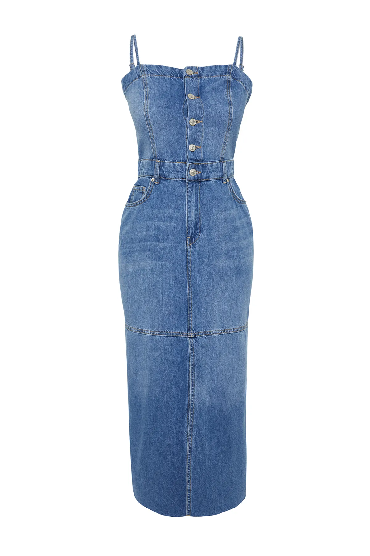 Trendyol Collection  Blaues Maxikleid aus Denim mit Riemchen TWOSS24EL00544