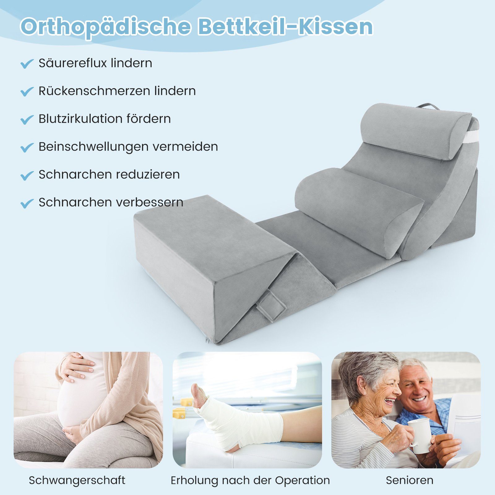 COSTWAY Keilkissen, 7-tlg., orthopädisches Bettkeilkissen, mit waschbarem Bezug