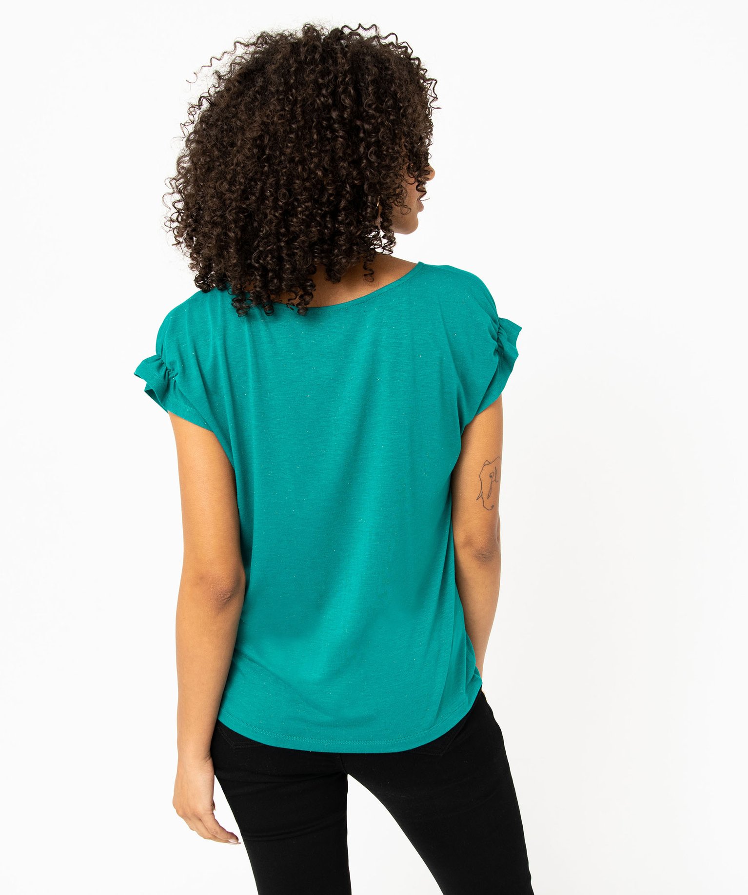 Tee-shirt femme à manches courtes froncées et col V bleu | GEMO