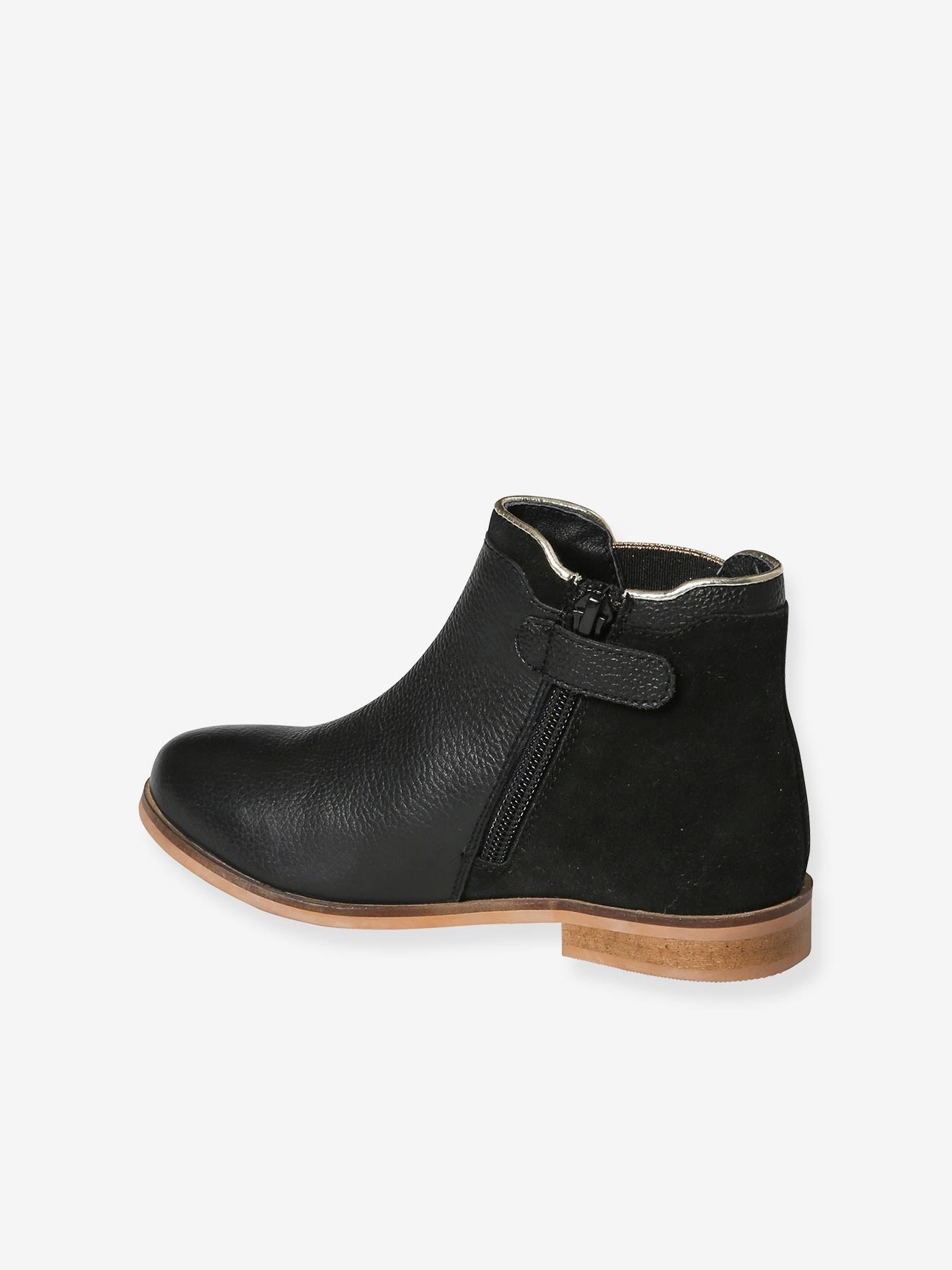 Boots cuir fille zippées et élastiquées noir