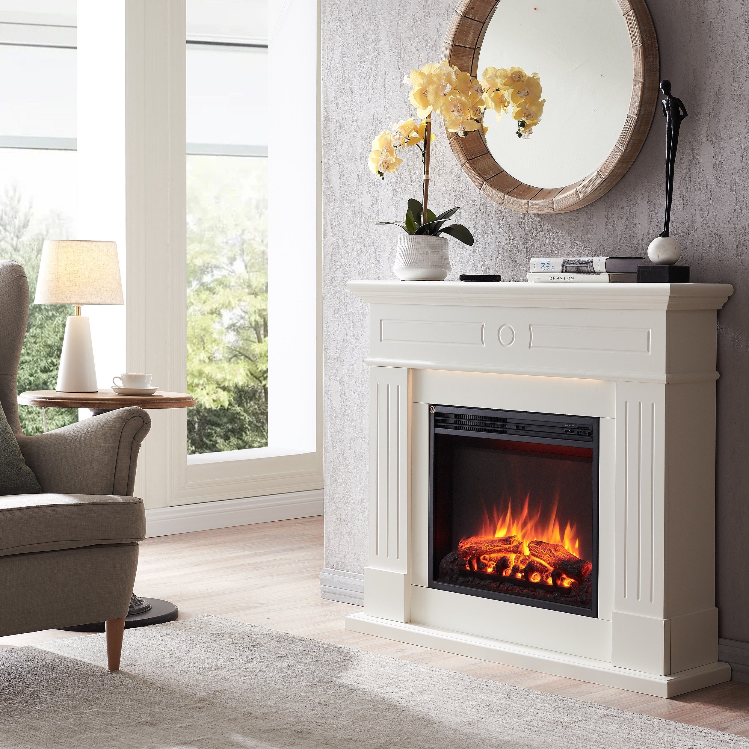 CrownFlame Elektrokamin Leandros, Standkamin mit Heizung 2000W, Heizung, LED-Beleuchtung, 3D-Flammeneffekt & Fernbedienung
