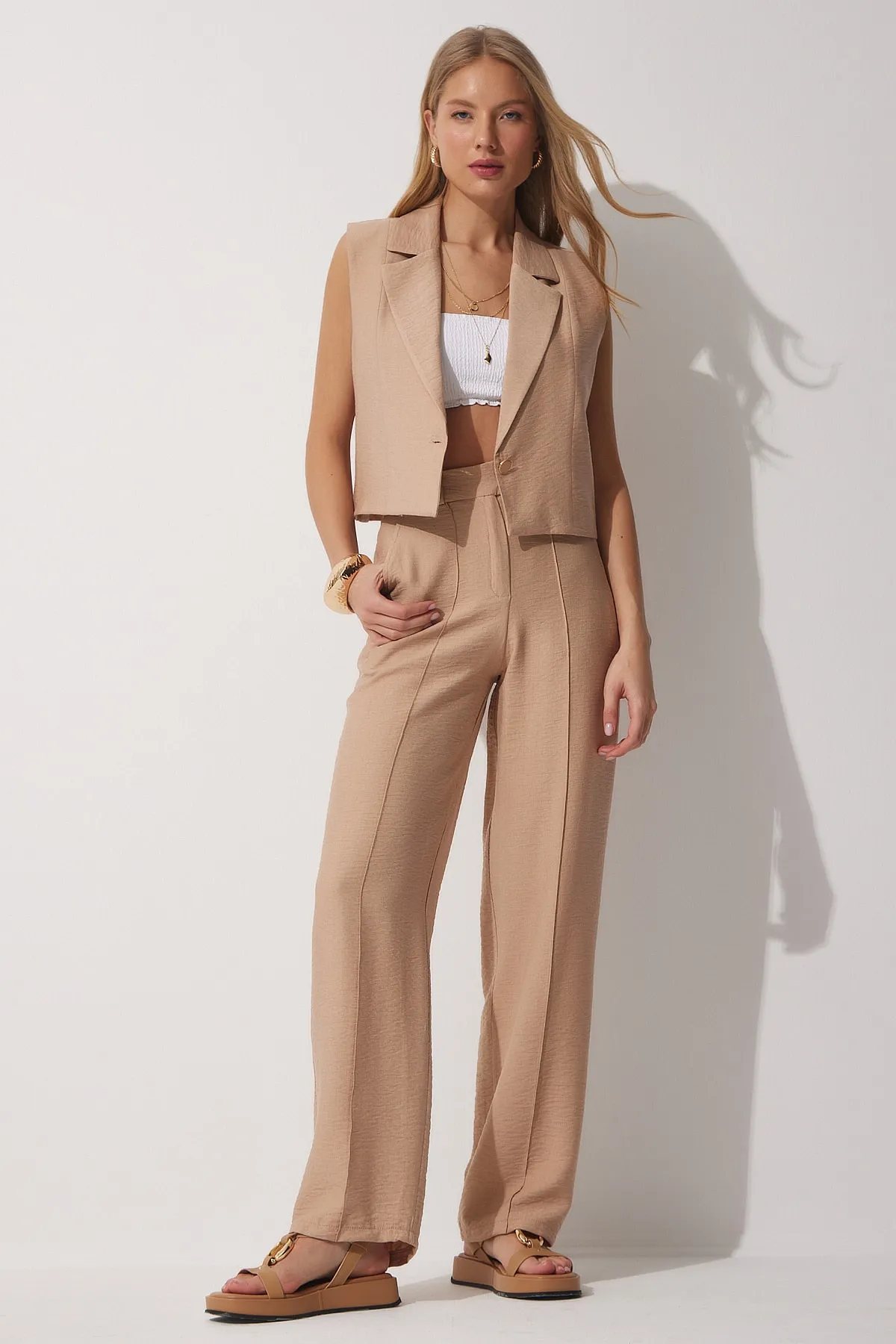 Happiness İstanbul  Biscuit Darts Leinenhose mit weitem Bein für Damen TO00053