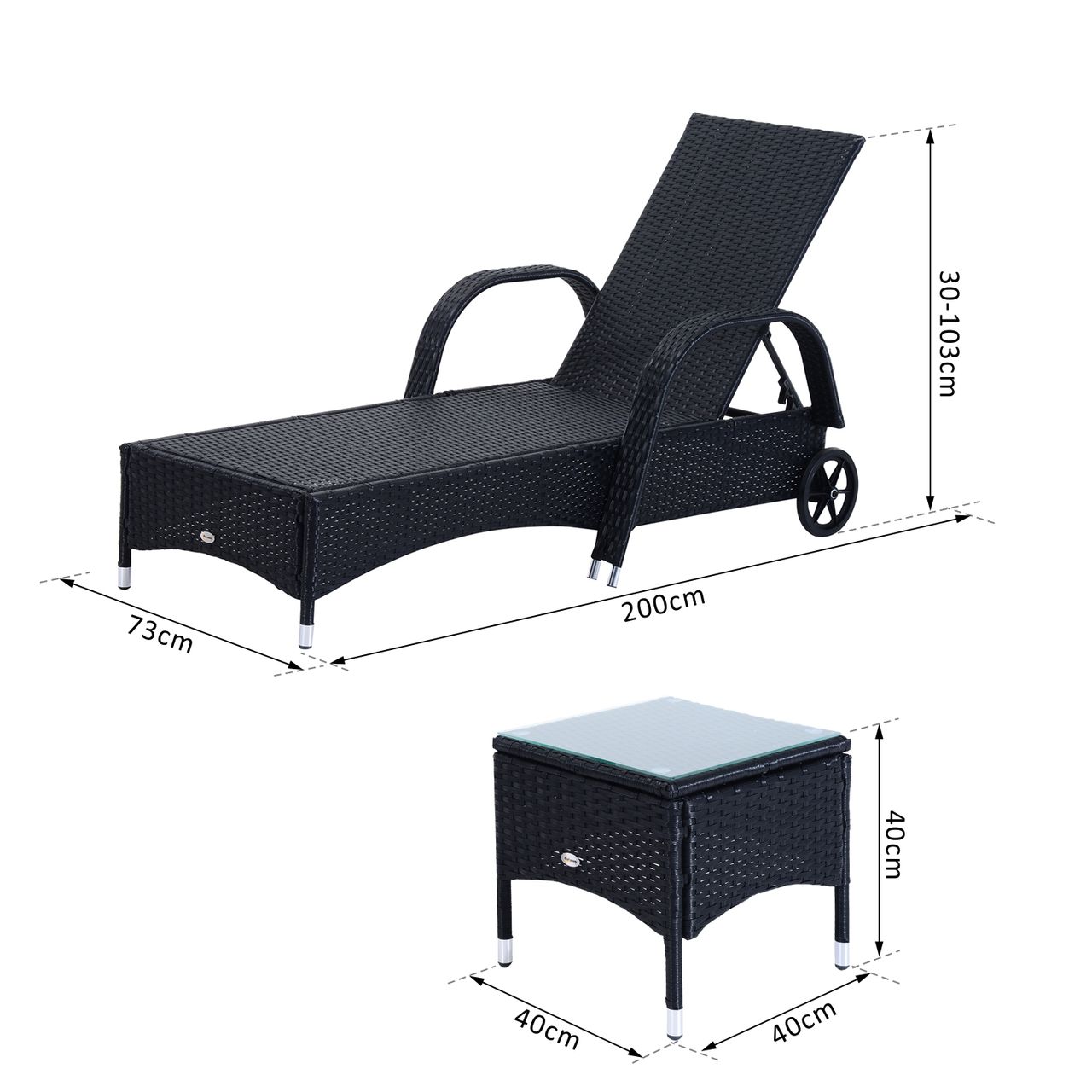 Outsunny 2 Sonnenliegen mit Tisch 3er-Set