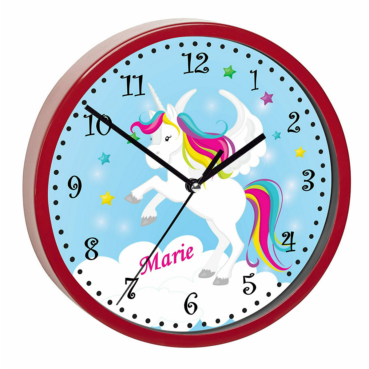 Kinder Wanduhr laufruhig personalisiert mit Name Pegasus Blau