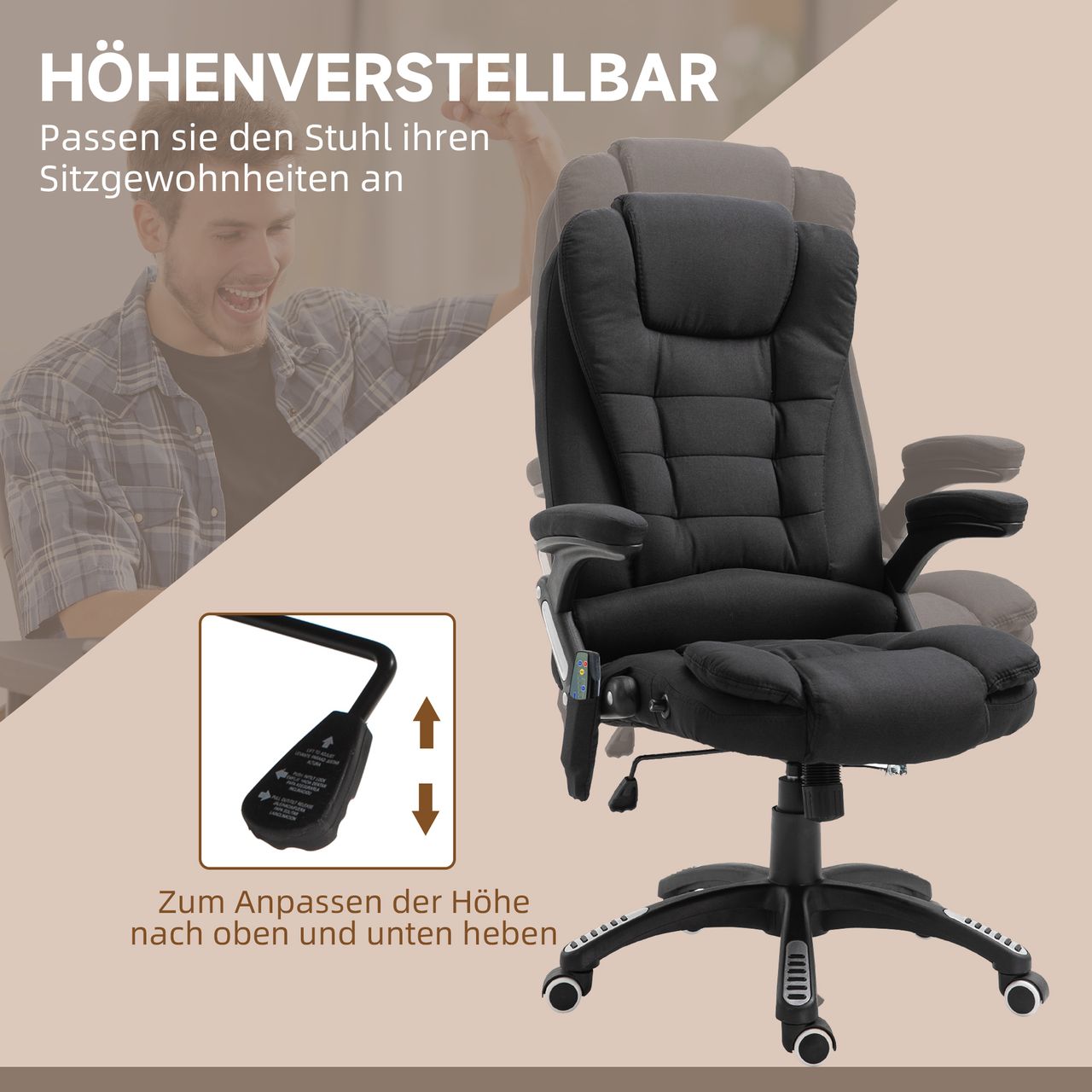 Vinsetto Massagesessel Chefsessel mit Massagefunktion höhenverstellbarer Drehstuhl ergonomischer Gamingstuhl Bürostuhl massage Schwarz 68 x 72 x 110–120 cm
