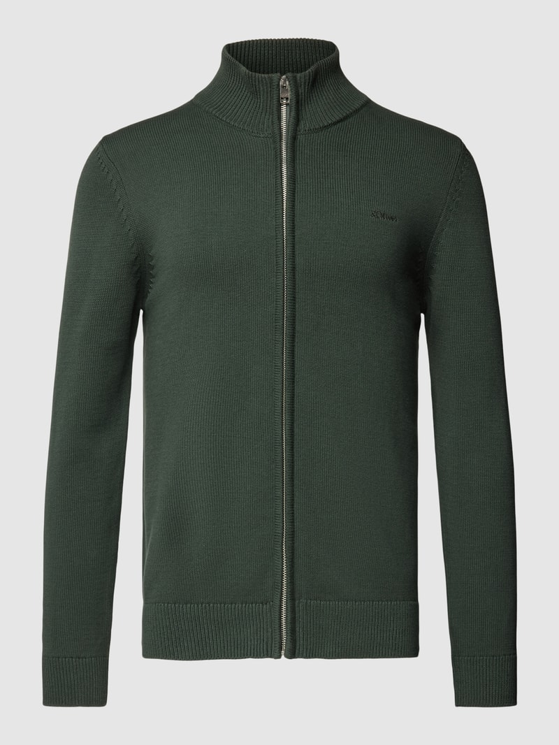 Strickjacke mit Label-Stitching Modell 'STAND JACKET' in olivgrün