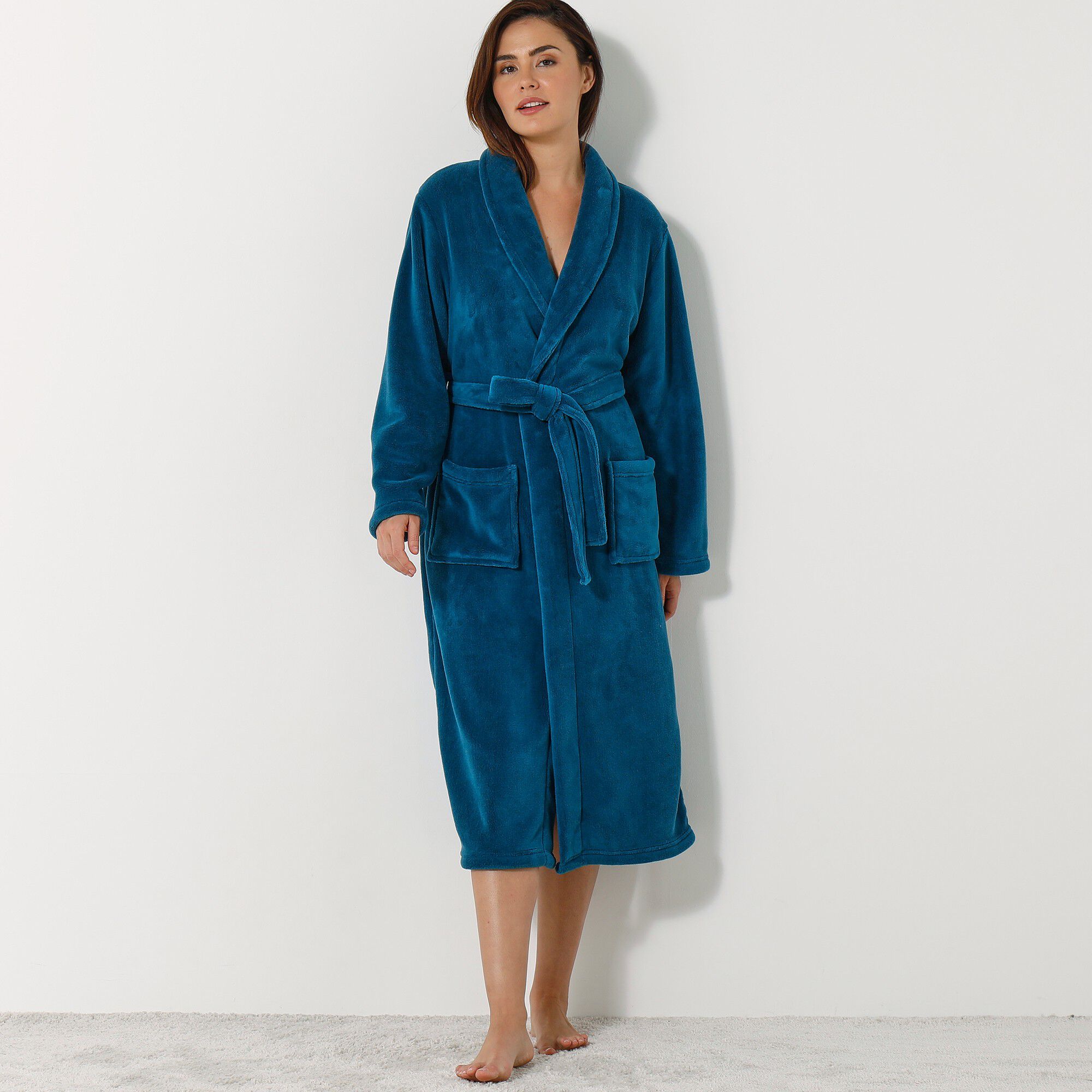 Peignoir mixte adulte col châle, microfibre toucher peluche