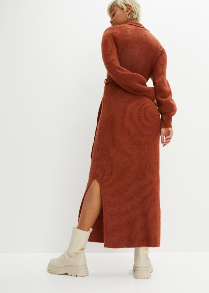 Strickkleid mit V-Ausschnitt und Gürtel (2-tlg. Set)