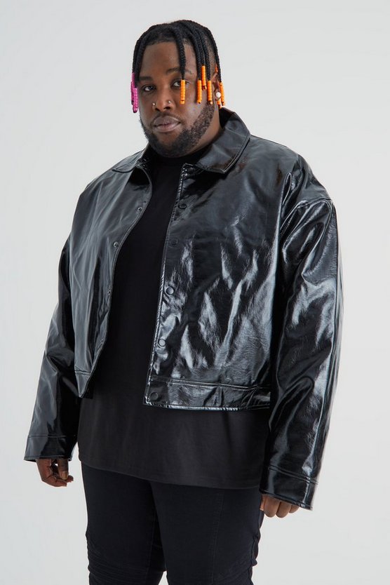 Plus kastige hochglänzende PU Harrington-Jacke