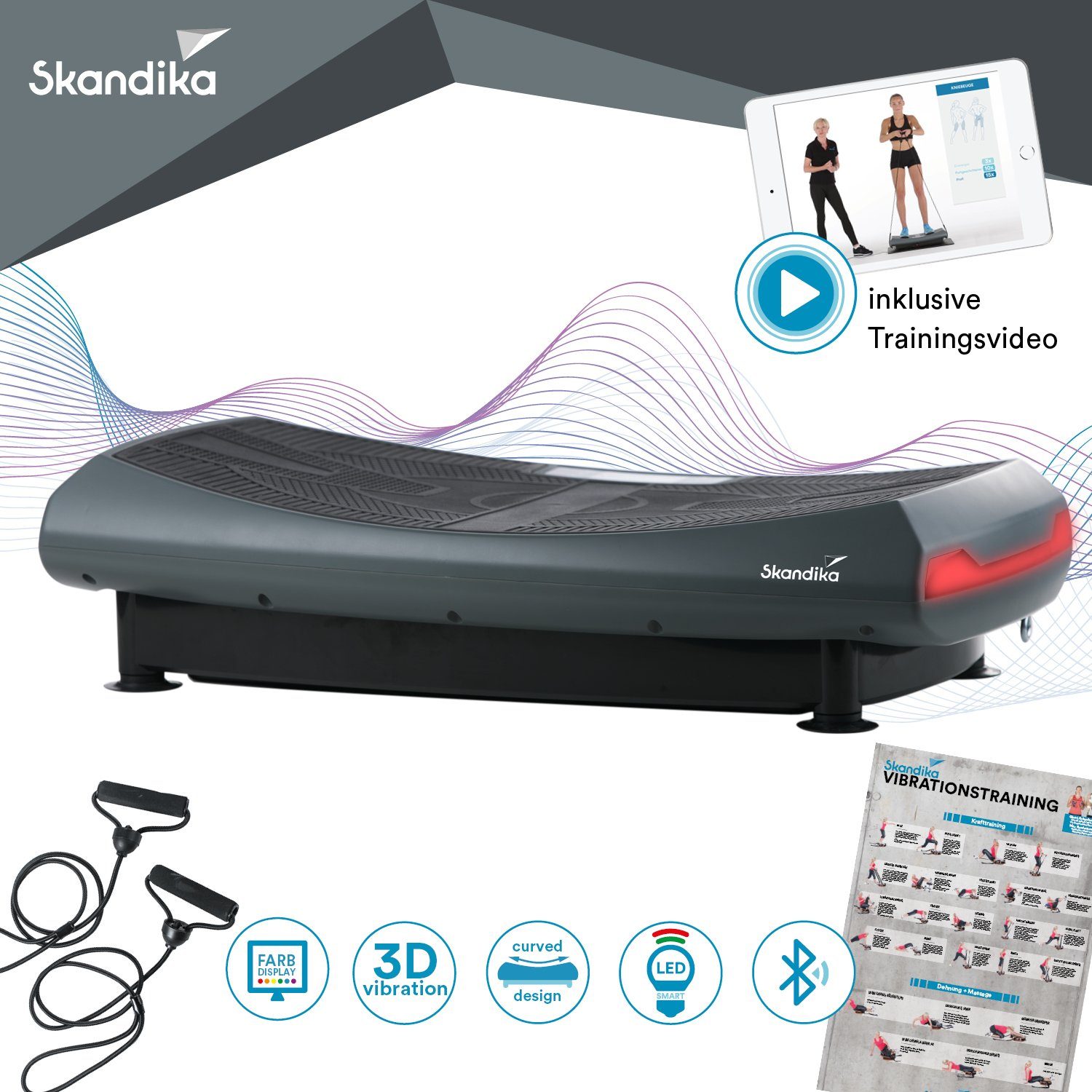Skandika Vibrationsplatte 3D Vibration V2000 (grau) Curved Design, 2 Starke Motoren, Trainingsbänder, Poster, Fernbedienung, Bluetooth