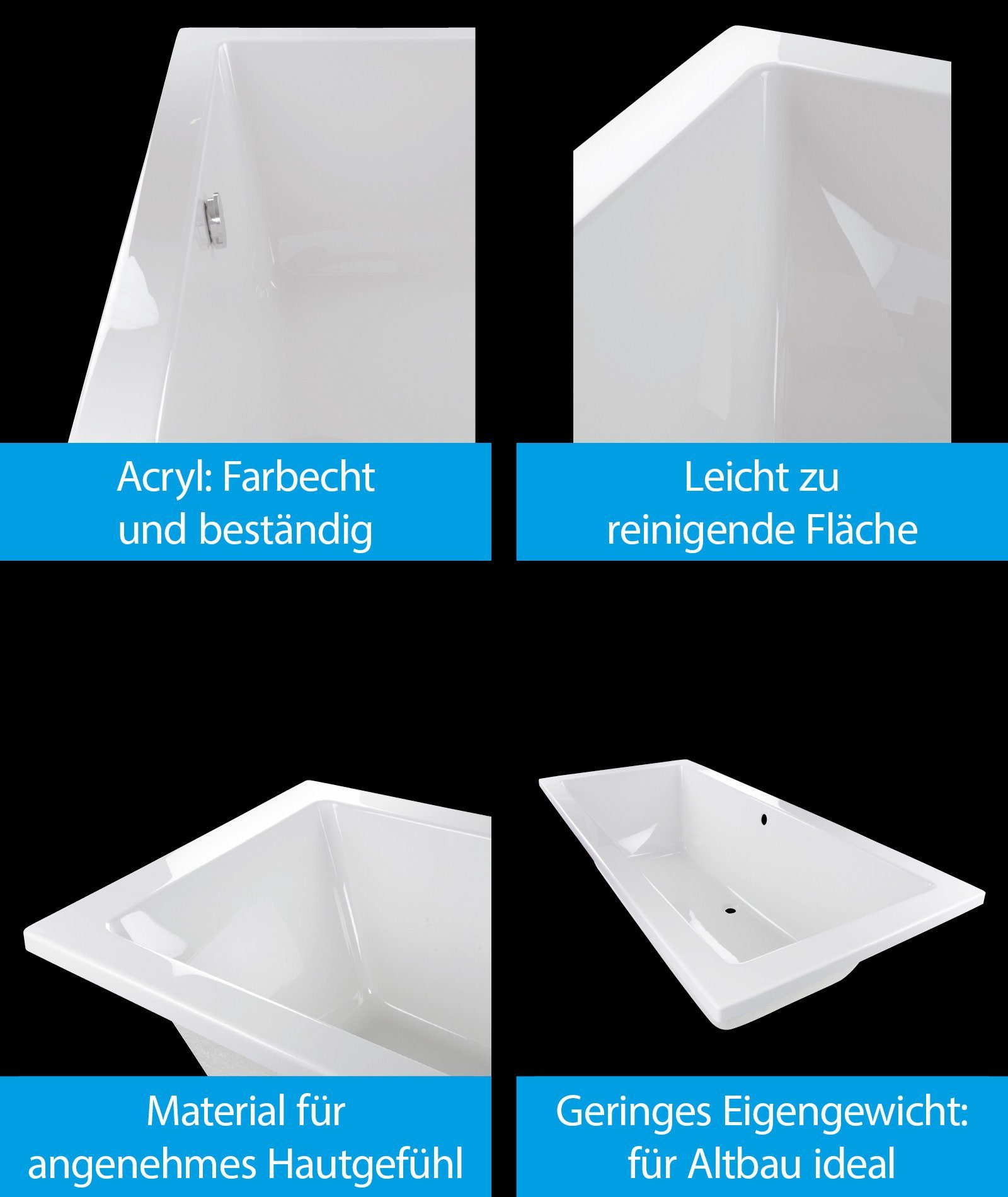 aquaSu Badewanne liDano, (1-tlg), Weiß, 200 x 90 cm, Acryl, Rechteckbadewanne, 801768