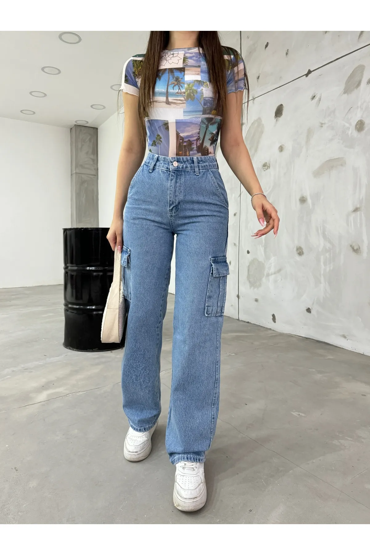 BİKELİFE  Blaue Cargohose mit hoher Taille und weitem Bein für Damen