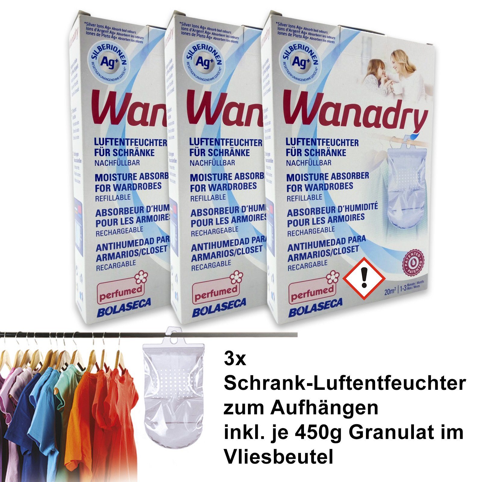 BlueCraft Luftentfeuchter-Nachfüllpack für Schränke, kleine Räume zum Aufhängen 3 Stück, Schlafzimmer Wohnung Nachfüller gegen Schimmel, Raum-Entfeuchter ohne Strom, Kleiderschrank Entfeuchter inkl. je 450 g Granulat im Vliesbeutel