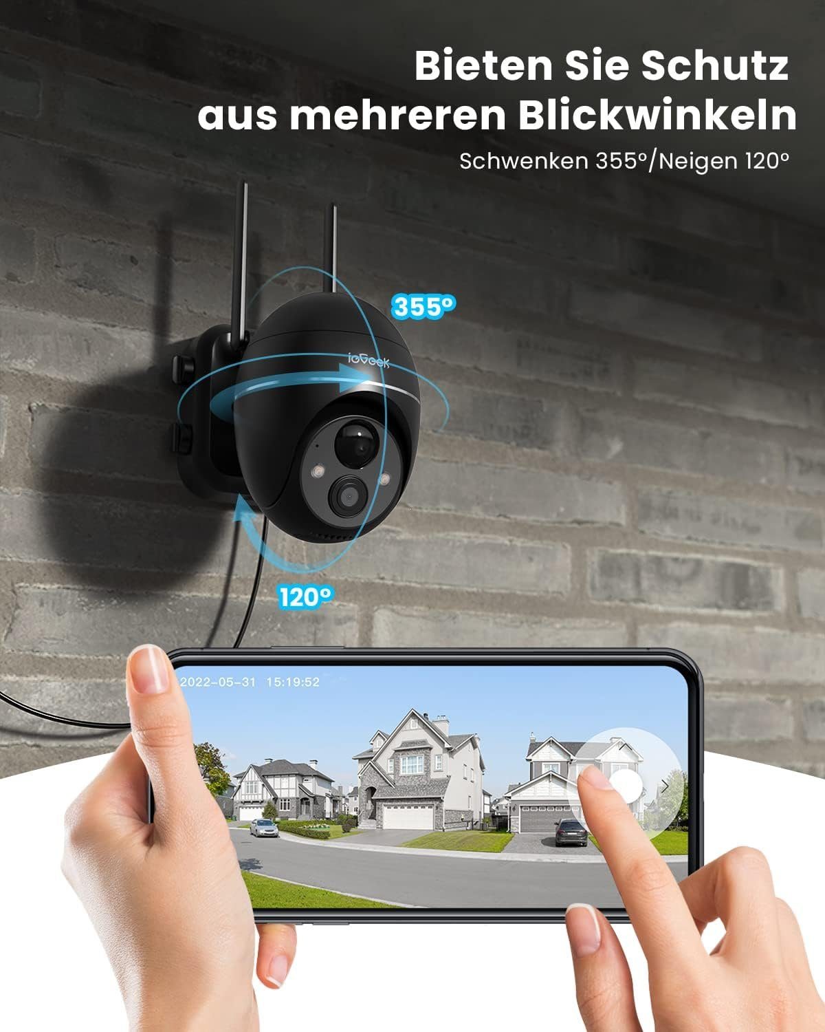 ieGeek 2K Solar WLAN Überwachungskamera Aussen Akku 355°/140° Pan Tilt IP65 Überwachungskamera (AuBenbereich, intelligenten KI-Algorithmus,4x Digitalzoom,Unterstützt Android/IOS und Tablet-Zugriff, Kabellose,20m Farbnachtsicht,PIR Bewegungsmelder,Sir