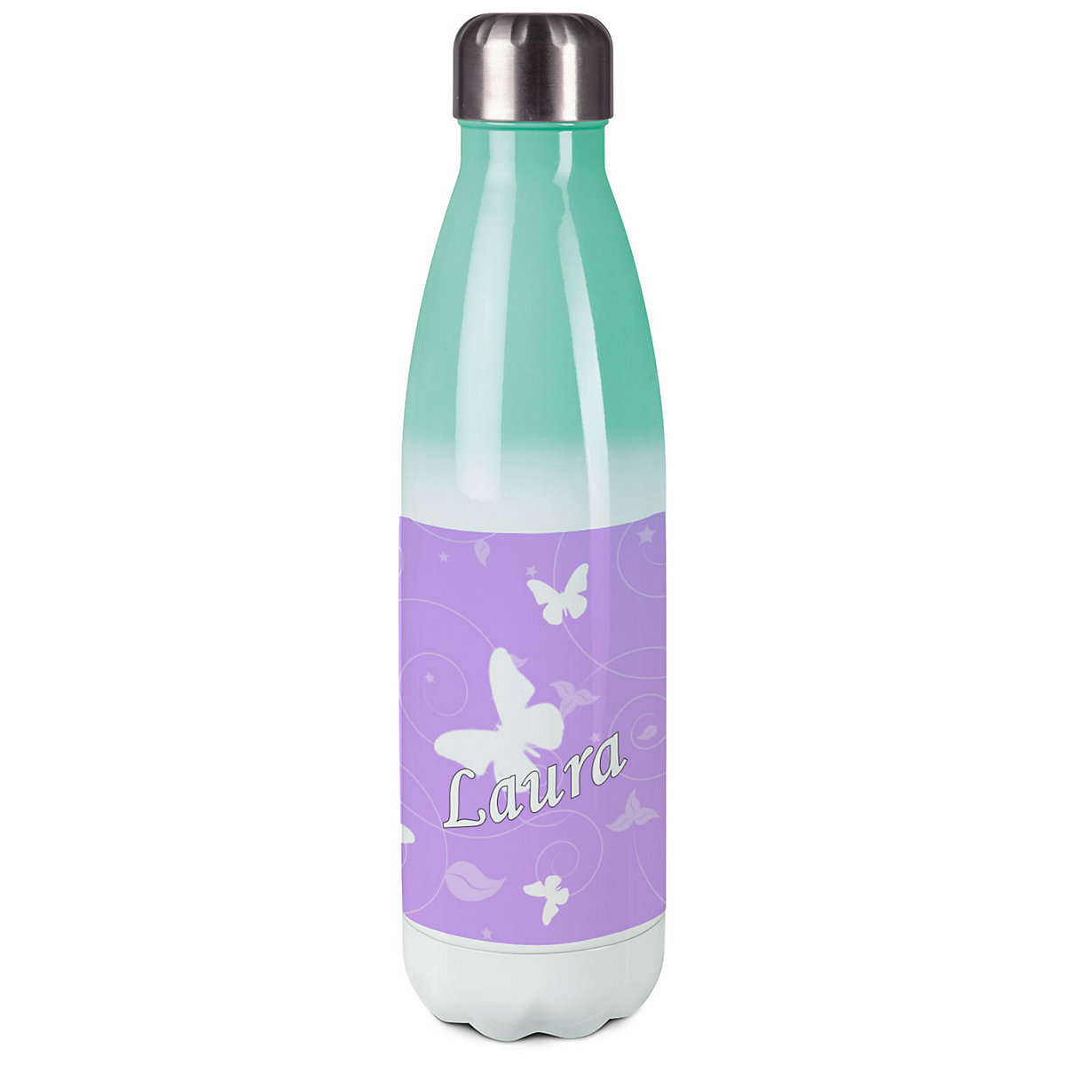 Edelstahl Kinder Thermoflasche / Trinkflasche bunt Schmetterling Ornamente Farbe flieder Spülmaschinenfest, Auslaufsicher, Bruchfest, Doppelwandig, Für Heißgetränke geeignet, Mit Deckel, Isoliert