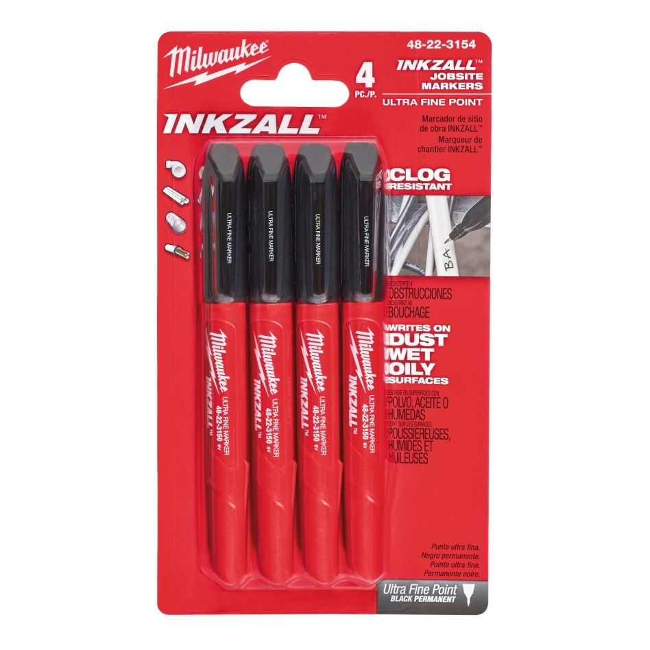 Markere cu vârf fin Milwaukee Accessories 48223154 INKZALL™, negre - 4 bucăți