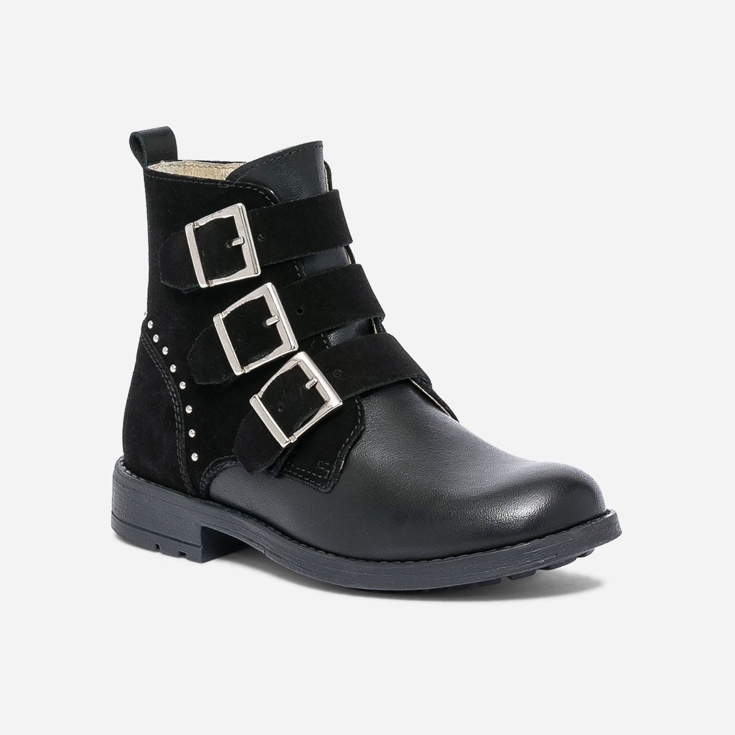 Boots noir en cuir bi matière à 3 boucles