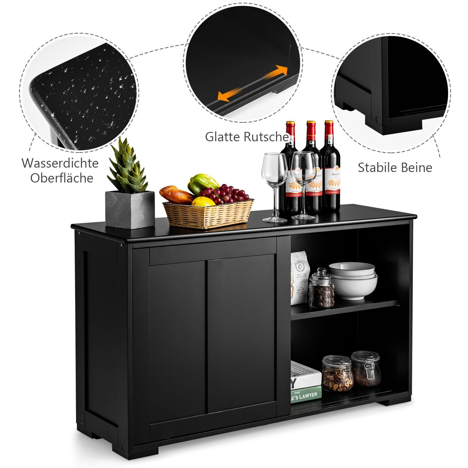 COSTWAY Sideboard, mit Schiebetüren, höhenverstellbarer Ablage, 107x33x60cm