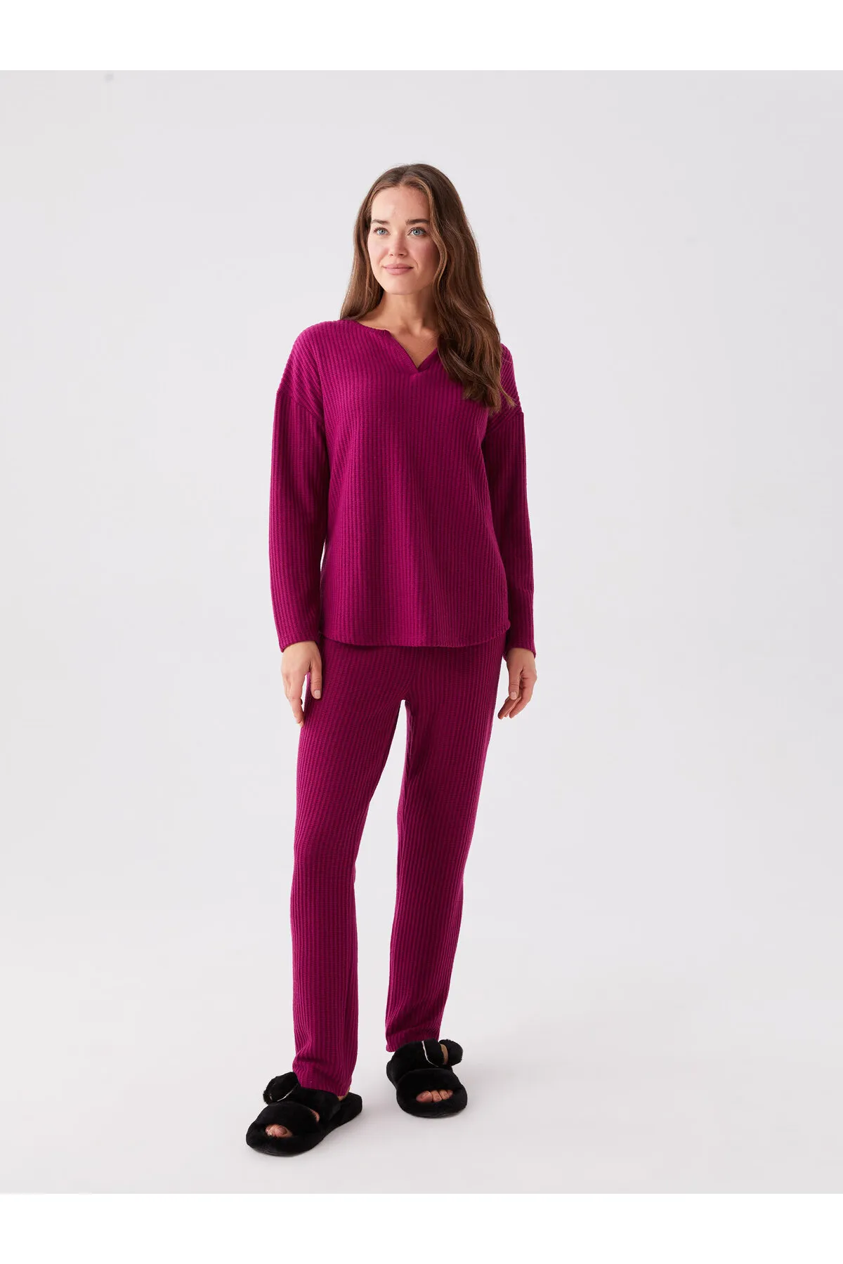 LC Waikiki  Damen-Pyjama-Set mit lockerem Kragen, einfarbig, langärmelig