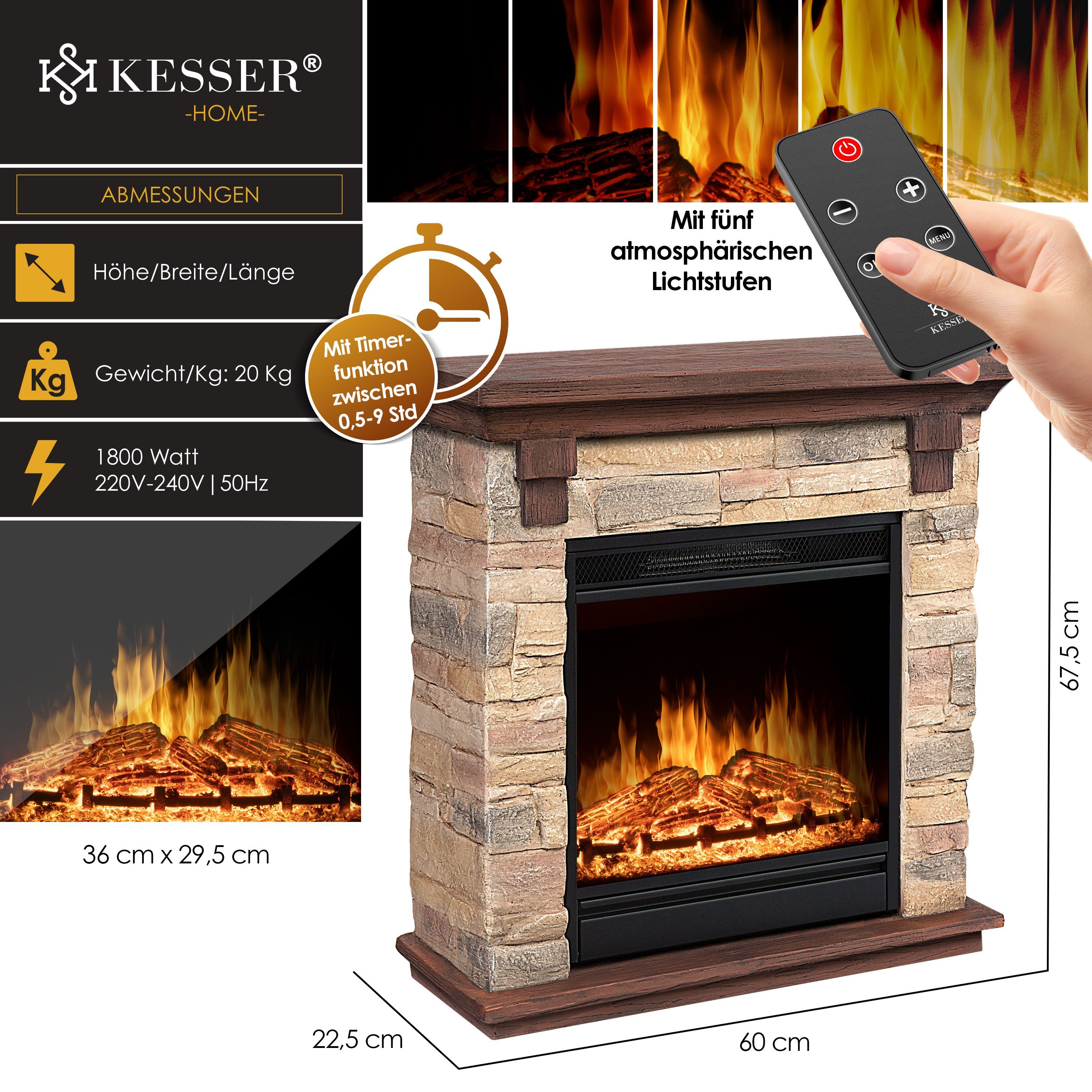 KESSER Elektrokamin, Elektrokamin Standkamin Kamin elektrisch mit LED 3D-Flamme