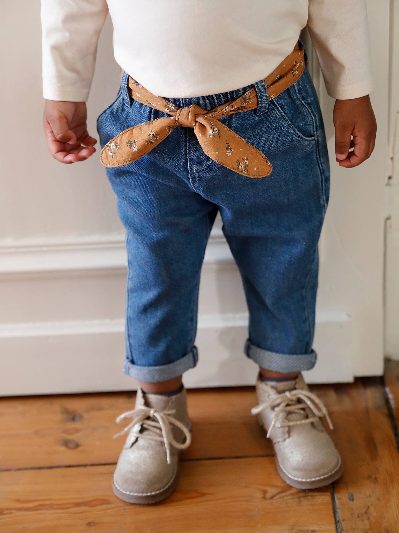 Vertbaudet Mädchen Baby Jeans mit Stoffgürtel - grauer denim