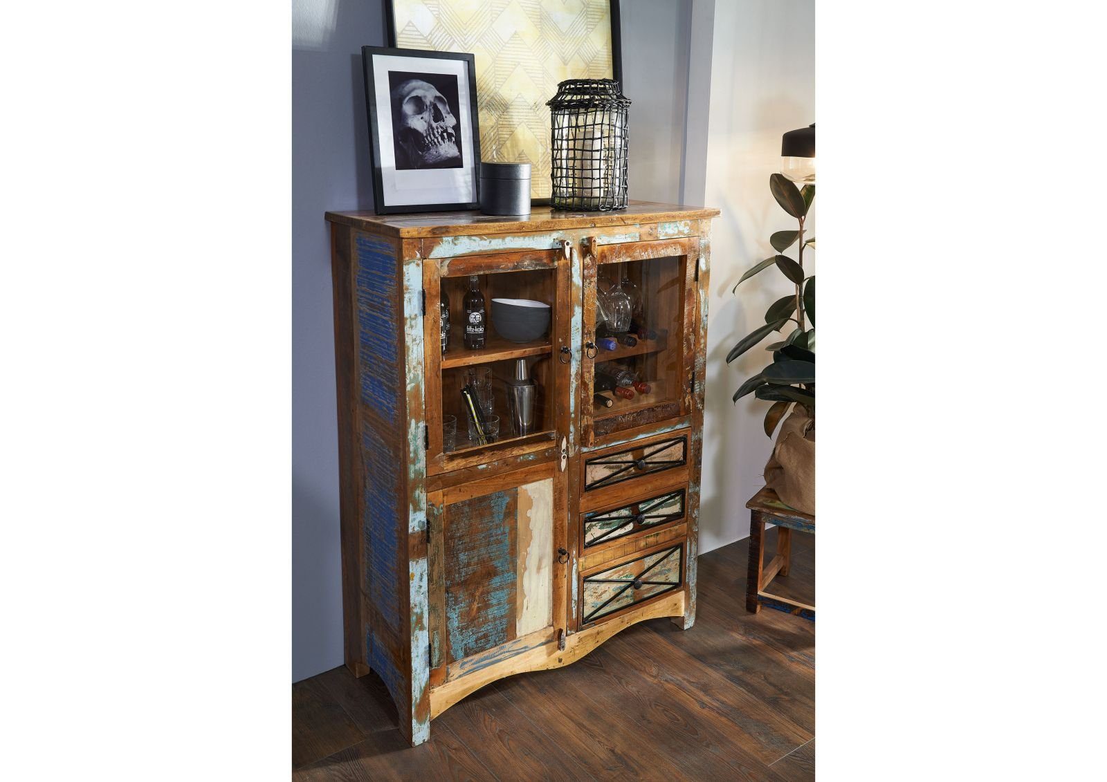 Massivmoebel24 Highboard Highboard Altholz 106x45x136 mehrfarbig lackiert NATURE OF SPIRIT #113