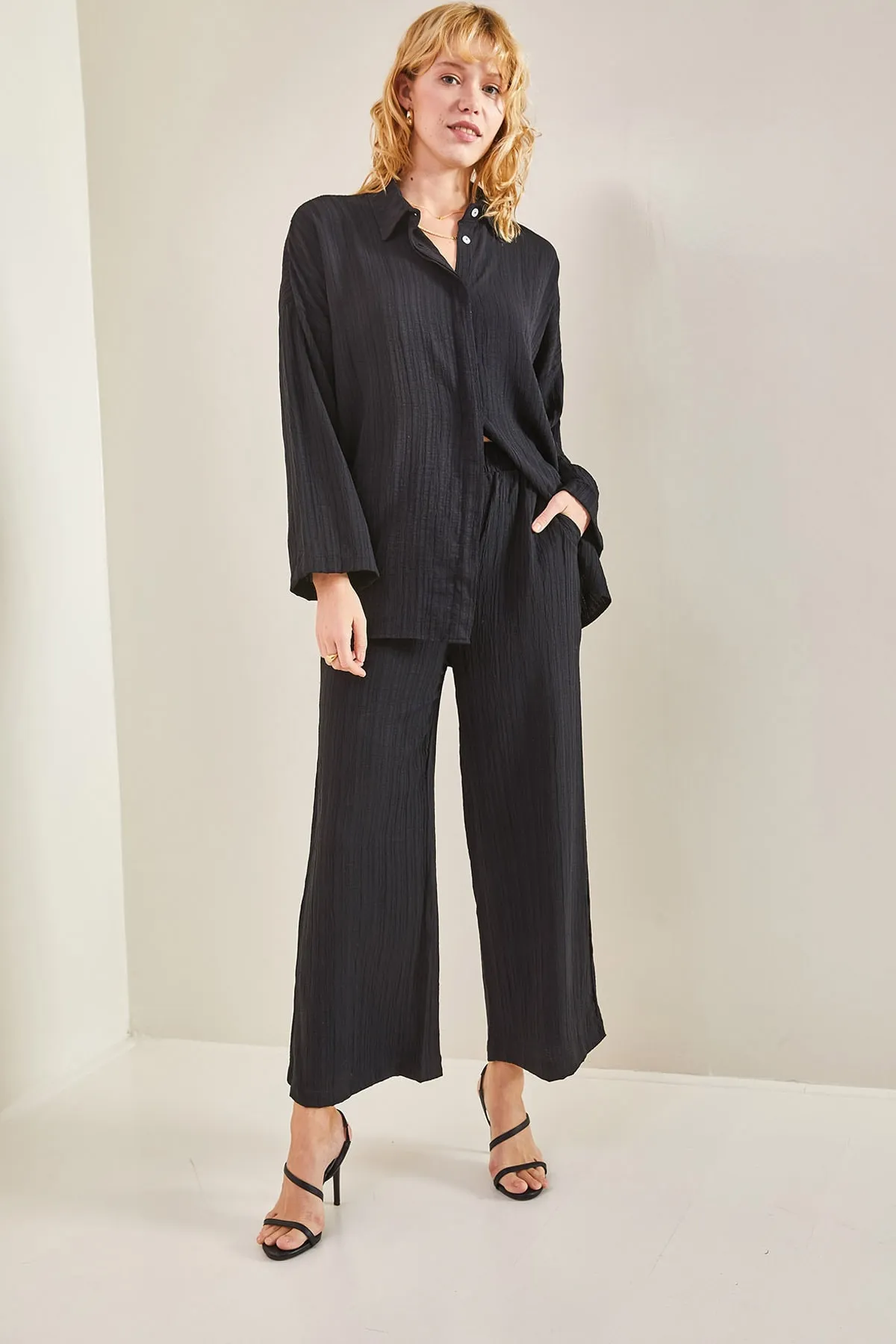 Bianco Lucci  Seersucker-Unterteil-Top-Set für Damen