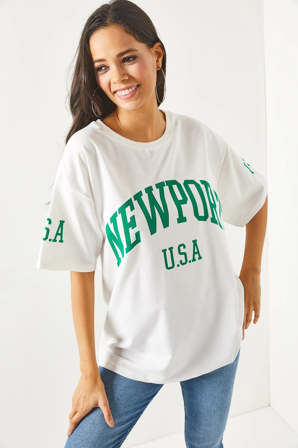 Olalook  Damen-T-Shirt Newport, weiß, vorne und hinten bedruckt, 2-fädig, Unisex-Übergröße-T-Shirt TSH-19000696