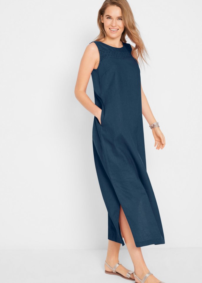 Maxi-Kleid mit Leinen, Lochmuster am Ausschnitt und Seitenschlitz