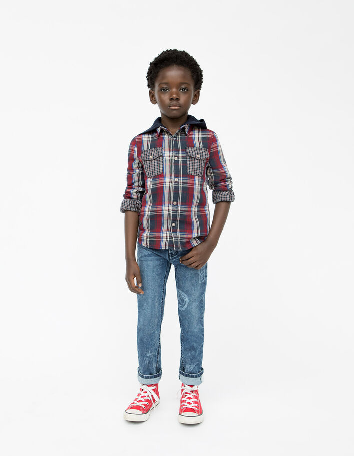 Chemise rouge mix carreaux capuche amovible garçon