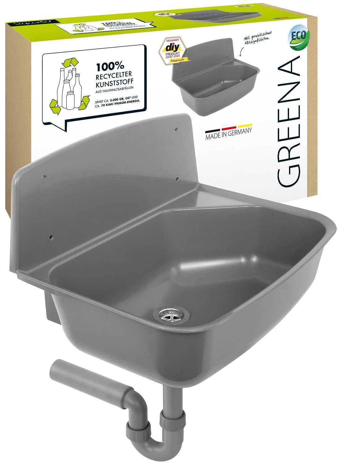aquaSu Waschbecken Greena (Komplett-Set, mit Siphon, Edelstahl-Sieb, Spritzschutz, aus Deutschland), nachhaltig aus recyceltem Kunststoff, Produkt des Jahres DIY-Magazin