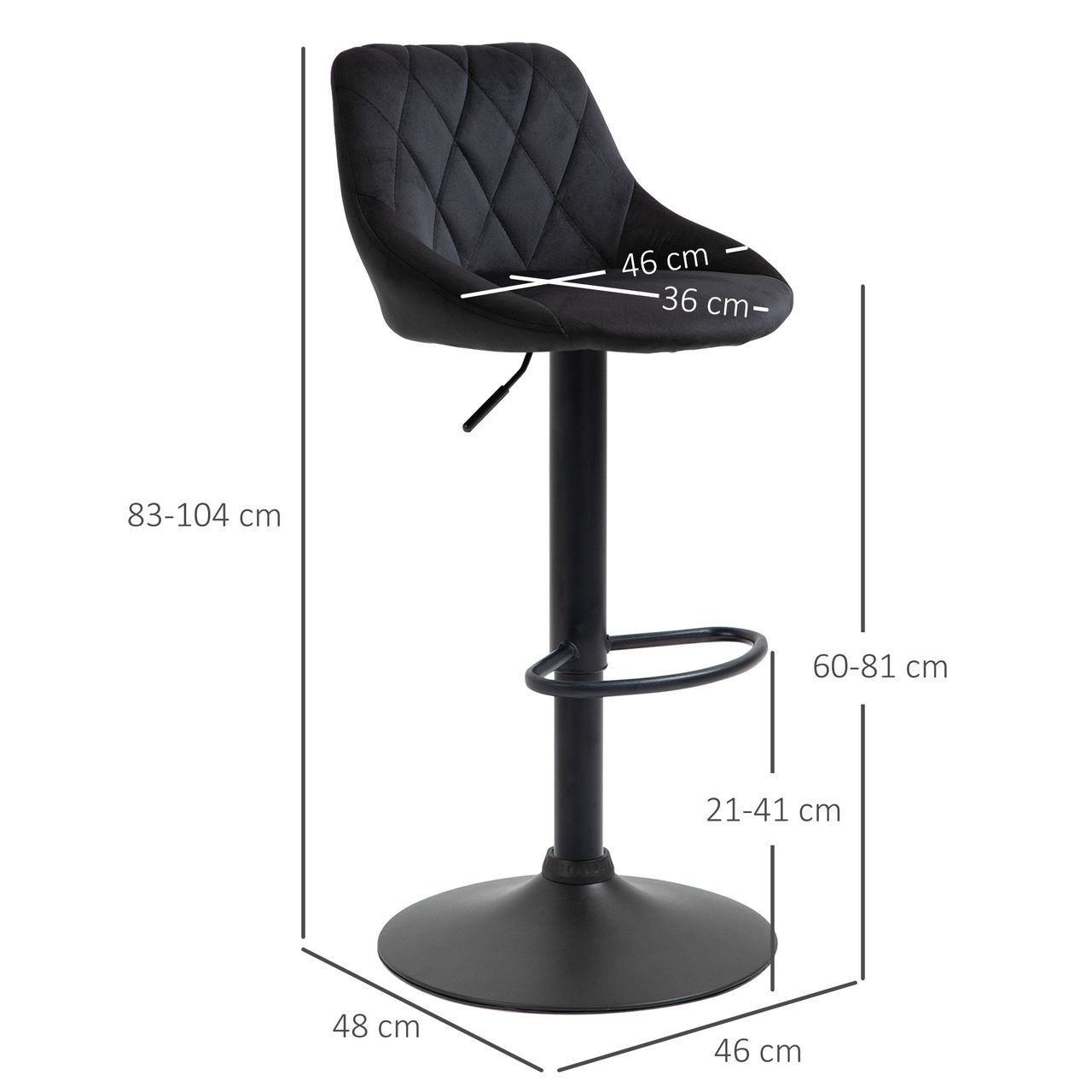 HOMCOM 2er-Set Barhocker, Drehstuhl, höhenverstellbarer Bistrohocker, Barstuhl mit Fußstütze, Rückenlehne, Tresenhocker, Samt, Metall, Schwarz, 46 x 48 x 83-104 cm