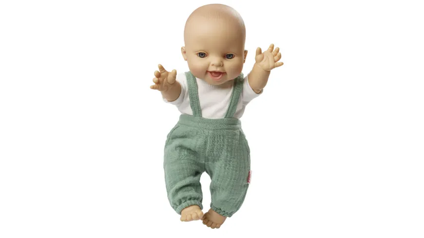 Heless - Puppen-Latzhose aus 100 % Bio-Baumwolle, salbeigrün, mit weißem T-Shirt, 2-teilig, Gr. 35-45 cm