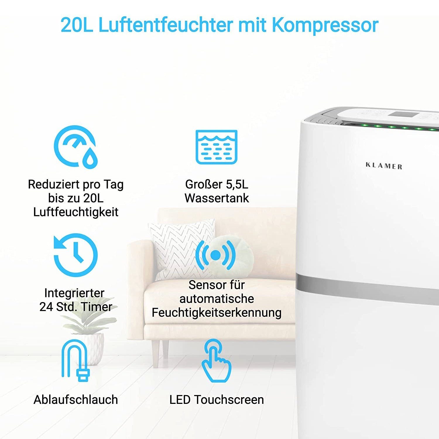 KLAMER Luftentfeuchter KLAMER Luftentfeuchter elektrisch 25L, 195m³ Luftumwälzung pro Stunde…